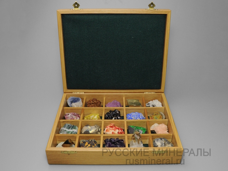 Коллекция минералов в деревянной коробке, 20 образцов